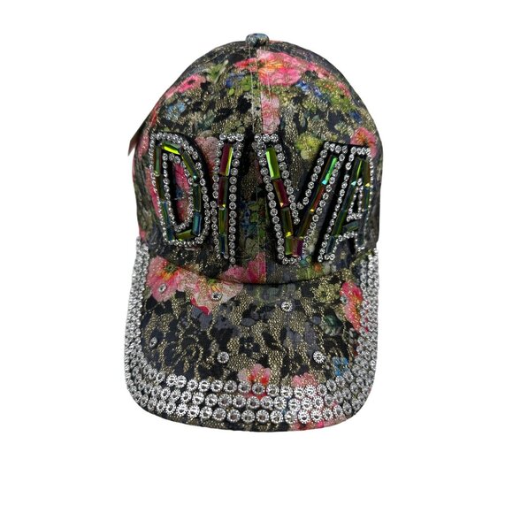 Colorful Diva Floral Bling Cap Adjustable Rhinestone Accents Sparkly By Bjorca - Picture 2 of 8